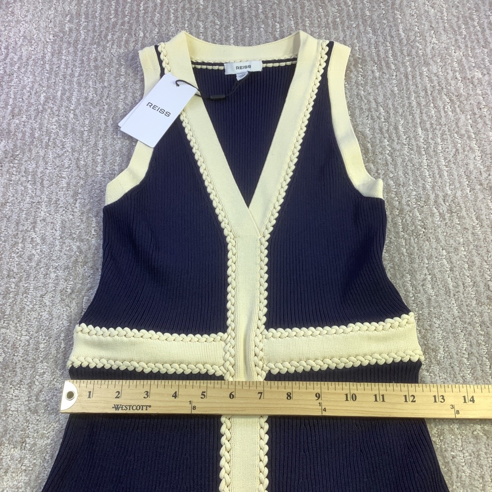 Reiss Lou-Craft Detail Knitted Navy Blue Cream V-Neck Maxi Dress Size M NWT - Picture 12 of 14